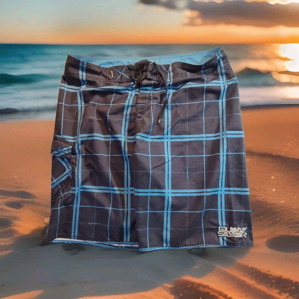 Quicksilver Swim Trunks Board Shorts Men's 38 Blue Plaid 1178